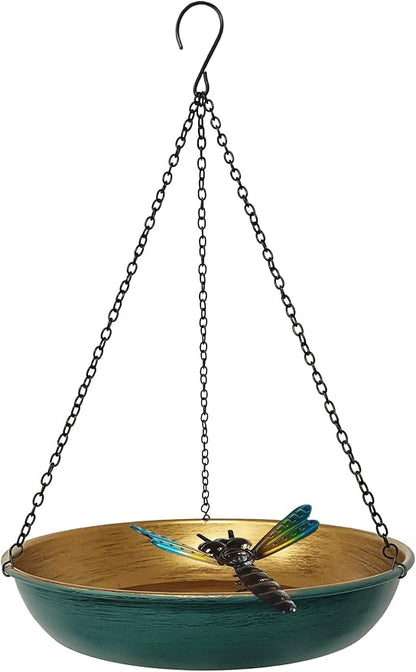Hanging Birdbath Bird Feeder for Outdoor 11 Inch Green/Bronze Cute Metal Bird by Keygift