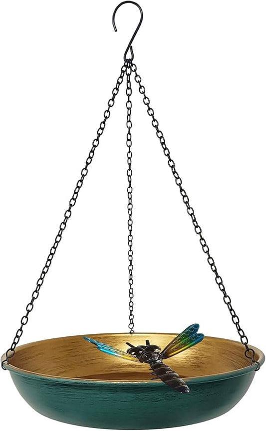 Hanging Birdbath Bird Feeder for Outdoor 11 Inch Green/Bronze Cute Metal Bird by Keygift