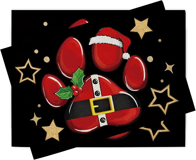Christmas Dog Cat Paw Prints Placemats Set of 4, Xmas Stars Dining Place Mats by Croar