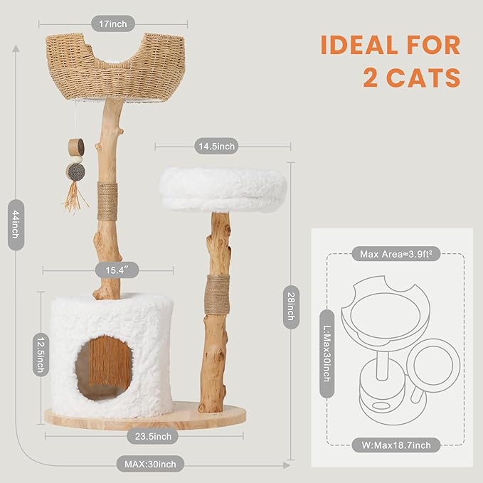 Cat Tree Tower with Two Real Branches, 44 INCH Wood Modern Cat Tower with - Image 7