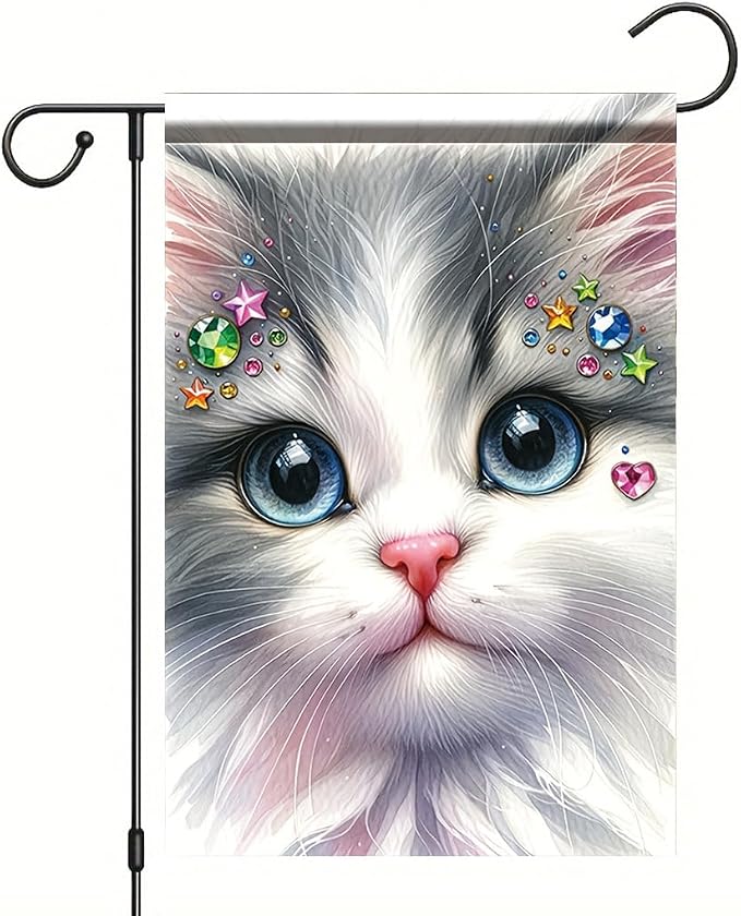 Cute Kitty Garden Flag 12x18 Inch Bling Rhinestone Cat Face Banner Double Sided - Image 7