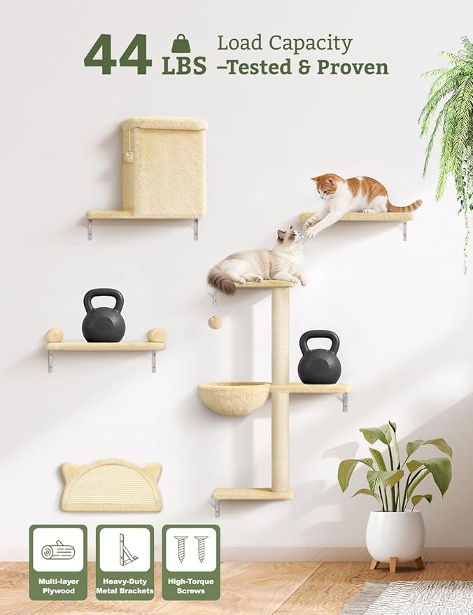 5-in-1 Cat Wall Shelves, Solid Wood & Velvet & Sisal Scratcher, 44lbs Max Load - Image 4