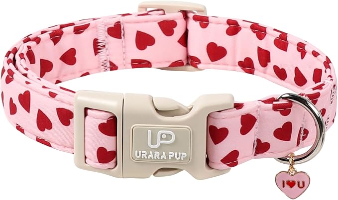Valentine's Dog Collar, UP URARA PUP Pink Love Heart Adjustable Pet Collar by UPURARAPUP