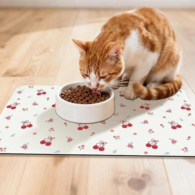 Dog Food Mat for Pet Cat Food Mat, Cherry Absorbent Quick Dry Dog Bowl Mats for by BACDOILQ