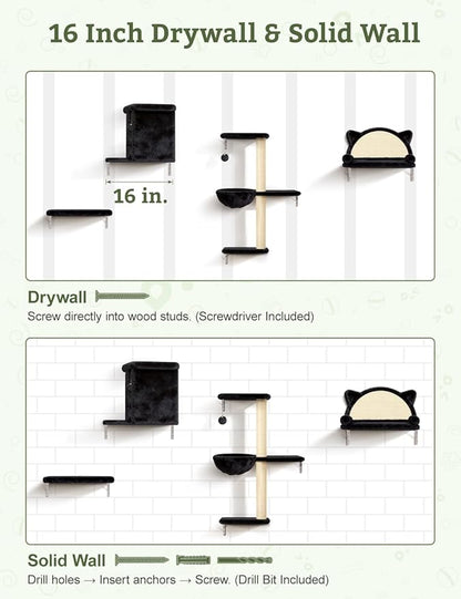 5-in-1 Cat Wall Shelves, Solid Wood & Velvet & Sisal Scratcher, 44lbs Max Load - Image 7