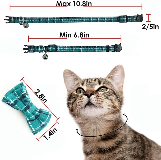 Cat Collar Breakaway with Bell and Bow Tie, Plaid Design Adjustable Safety - Image 6