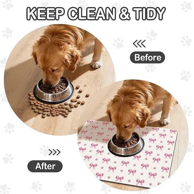 Pink Bow Dog Food Mat for Pet Cat Food Mat, Paws Absorbent Quick Dry Dog Bowl - Image 2