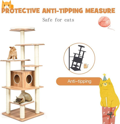 PETSITE 69 Inches Tall Cat Tree, Modern Wooden Cat Tower - Image 2