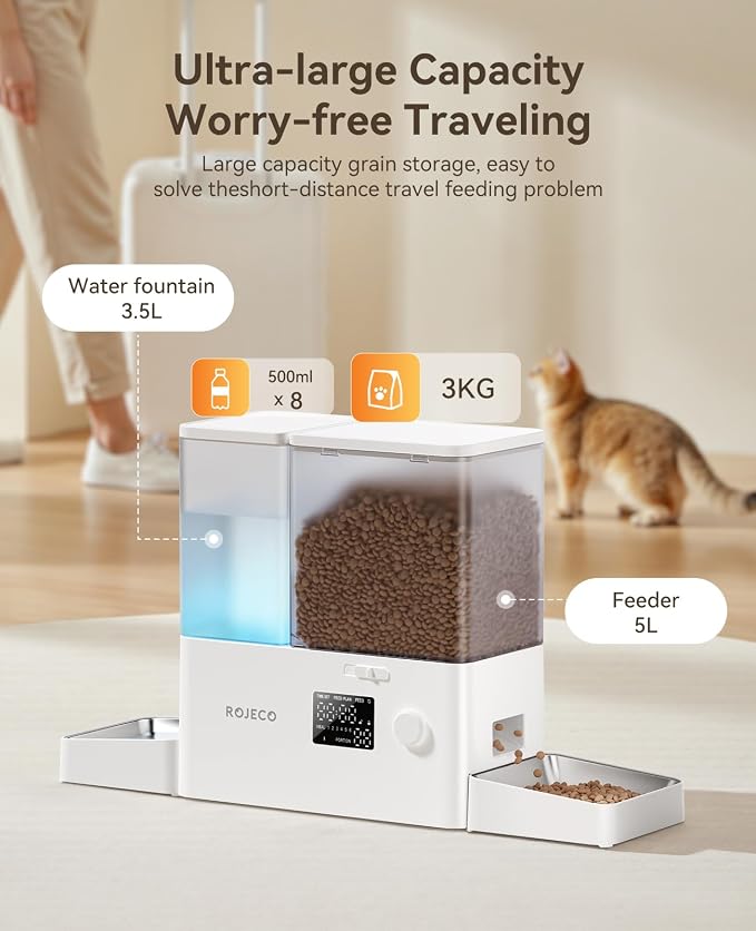 ROJECO Automatic Cat Feeder and Water Dispenser, 36Cups/8.5L 2-in-1 Stainless - Image 5
