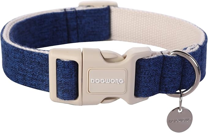 DOGWONG Cotton Hemp Dog Collar, Heavy-Duty Blue Dog Collar Adjustable Soft by DOGWONG