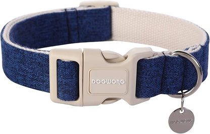 DOGWONG Cotton Hemp Dog Collar, Heavy-Duty Blue Dog Collar Adjustable Soft by DOGWONG
