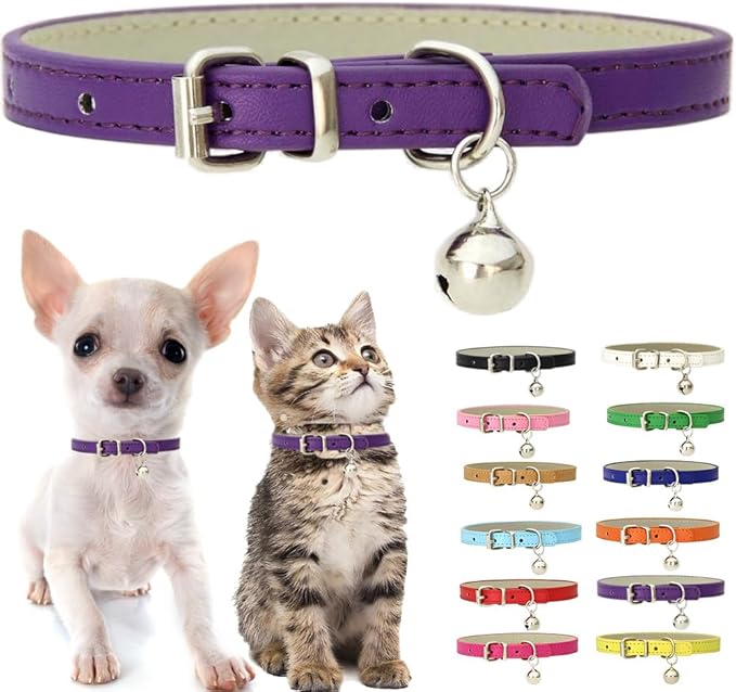 Purple Kitten Collar with Bell, Soft Pu Leather Small Dog Collars Adjustable by Weimostar