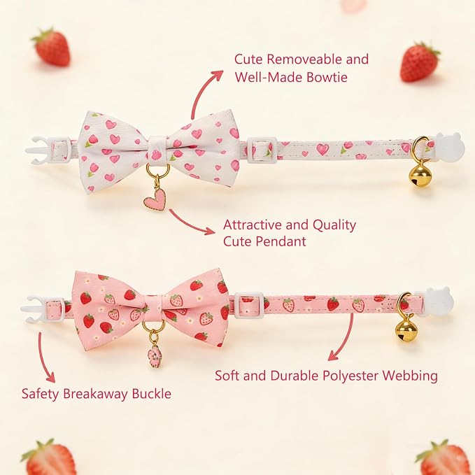 2 Pack Floral Cat Collars with Bow Tie and Bell Adjustable Breakaway Bowtie - Image 2