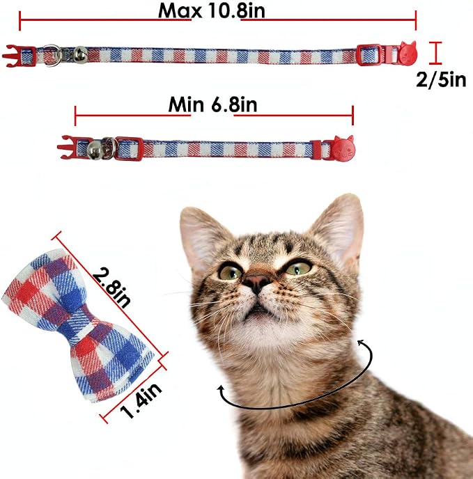 Cat Collar Breakaway with Bell and Bow Tie, Plaid Design Adjustable Safety - Image 6
