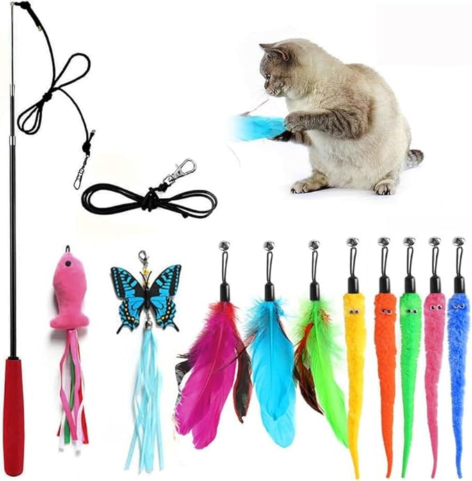 Retractable Cat Toy Wand, 12 Packs Interactive Cat Feather Toys, 9 Assorted by M+JJYPET