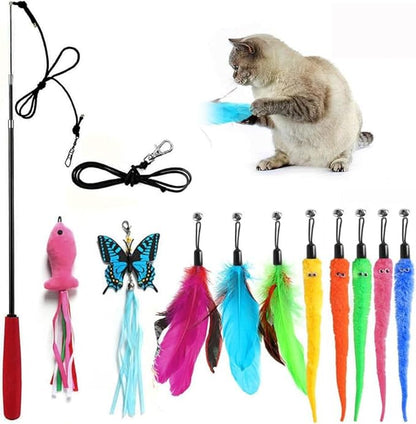 Retractable Cat Toy Wand, 12 Packs Interactive Cat Feather Toys, 9 Assorted by M+JJYPET