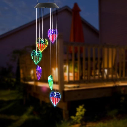 American Flag Solar Wind Chimes, Heart-Shaped Love Patriotic Wind Chime Color by TSIPEKLO