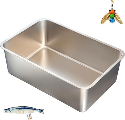 XXL Stainless Steel Cat Litter Box, Includes Catnip Fish Toy & Wand Feather Toy by miwooim