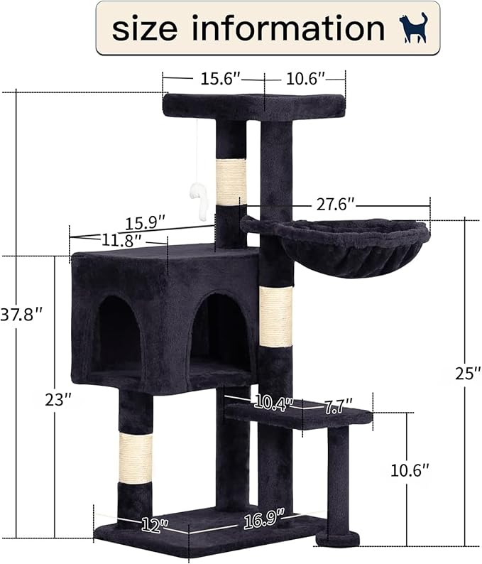 BestPet | 37" Cat Tree Tower | Dark Gray | Sturdy Multi-Level Cat Tree - Image 7