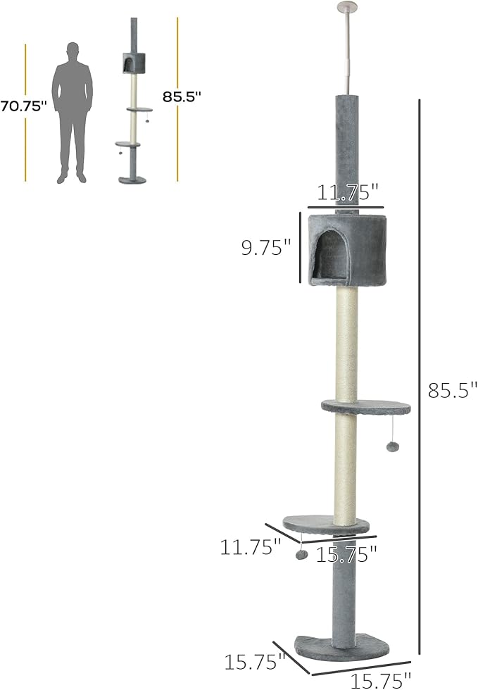 PawHut 85.5" Cat Tree Height Adjustable Floor-to-Ceiling 4-Tier Kitty Climbing - Image 7
