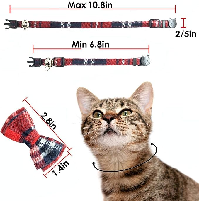 Cat Collar Breakaway with Bell and Bow Tie, Plaid Design Adjustable Safety - Image 5