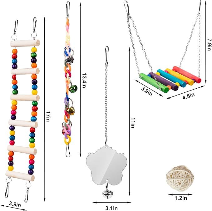 Bird Toys for Parakeets 7Pcs, Wood Parrots Budgie Cage Accessories, Bird Perch - Image 6