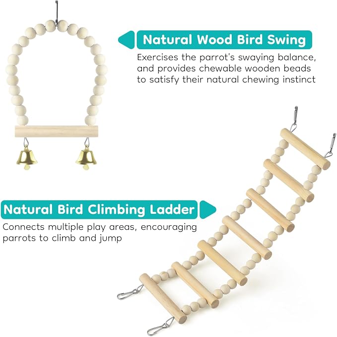 5in1 Bird Perch Ladder with Swing, Natural Wood Parrot Perches Platform with - Image 6