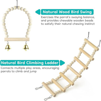 5in1 Bird Perch Ladder with Swing, Natural Wood Parrot Perches Platform with - Image 6