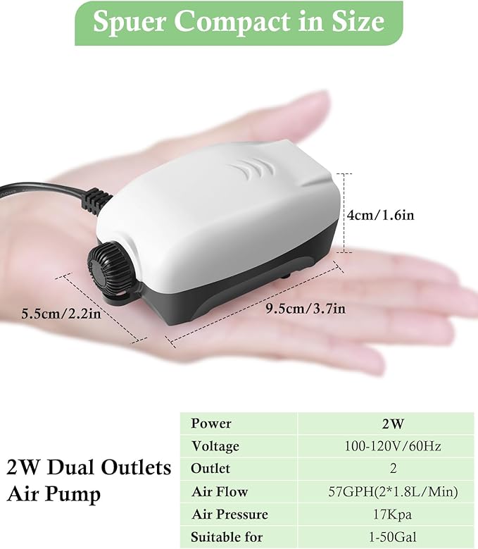 HITOP 2W Nano Whisper Aquarium Air Pump, 57GPH Adjustable Dual Outlet Fish Tank - Image 2