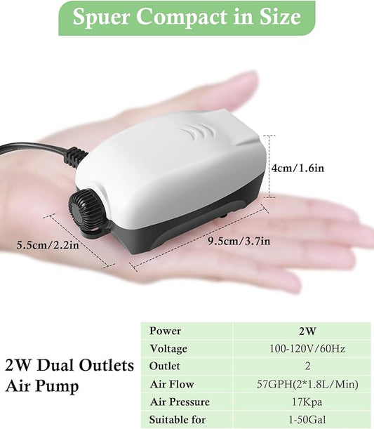 HITOP 2W Nano Whisper Aquarium Air Pump, 57GPH Adjustable Dual Outlet Fish Tank - Image 2