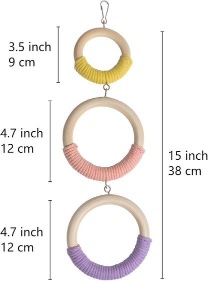 3-Ring Bird Wooden Swing Climbing Toy Chewable Cotton Rope Perch - Image 2