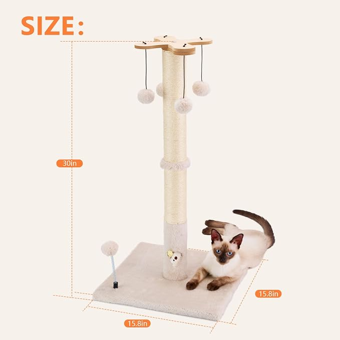 PAWSFANS Cat Scratching Post for Indoor Cats and Kittens, 30inches Tall Sisal - Image 4