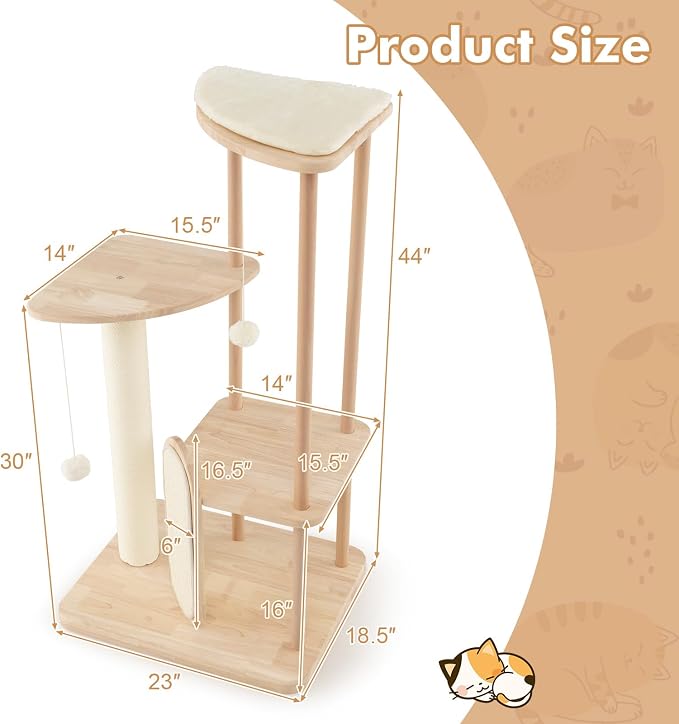 Tangkula Wood Cat Tree for Indoor Cats, Padded Perch, Hanging Toy, Minimalist - Image 4