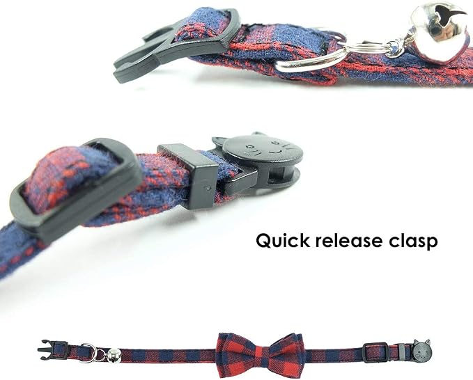 Cat Collar Breakaway with Bell and Bow Tie, Plaid Design Adjustable Safety - Image 5