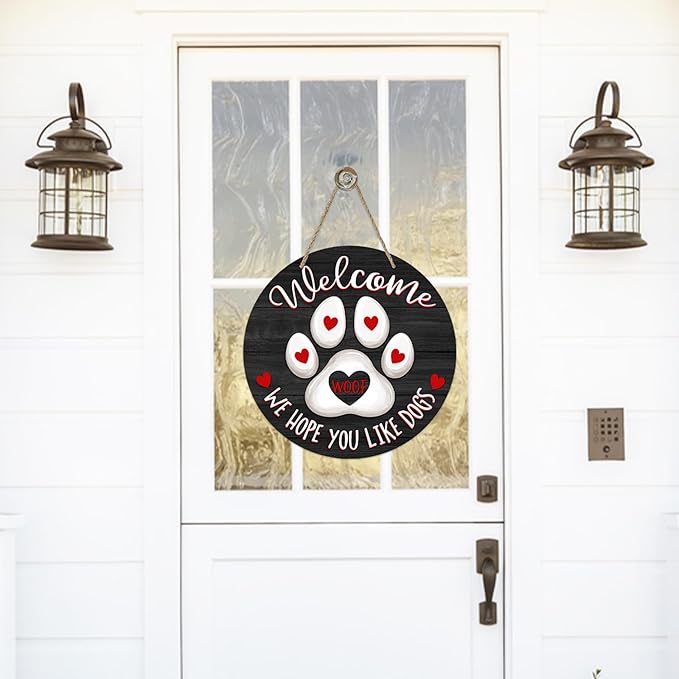 Deroro Welcome We Hope You Like Dogs Front Door Sign, Dog Cat Paw Print Black - Image 4