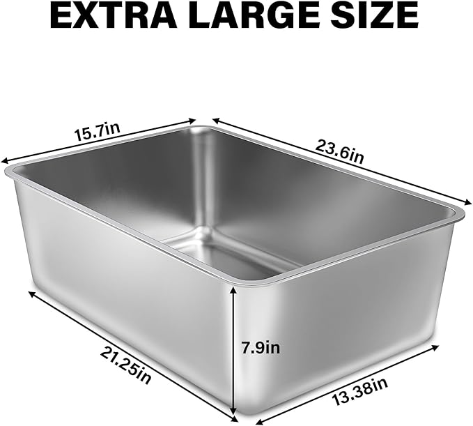 Stainless Steel Cat Litter Box, 23.6"x15.8"x8" XXL Stainless Steel Litter Box 8 - Image 3