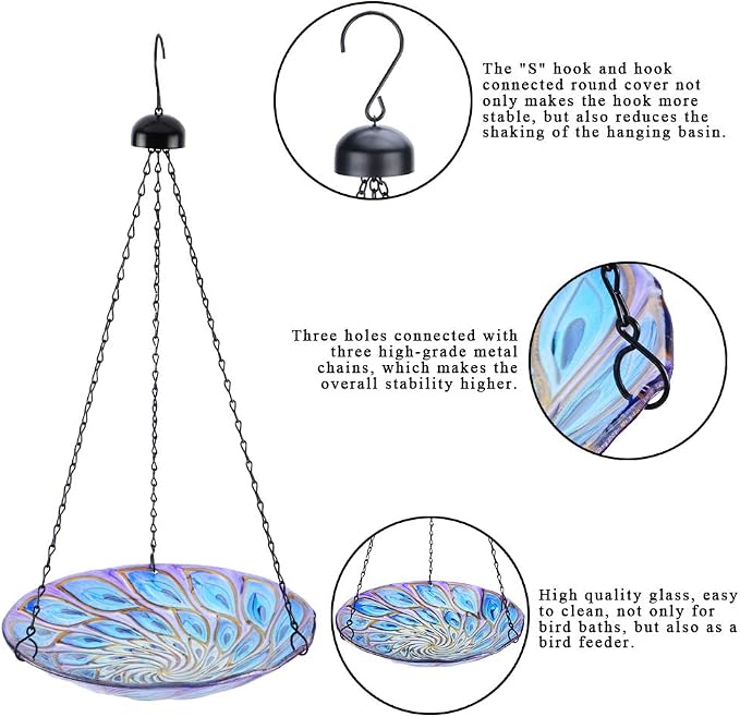 VCUTEKA Hanging Bird Baths Outdoor Glass Peacock Birdbath Birdfeeder - Image 3