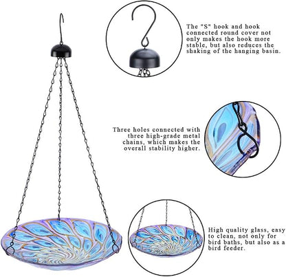 VCUTEKA Hanging Bird Baths Outdoor Glass Peacock Birdbath Birdfeeder - Image 3