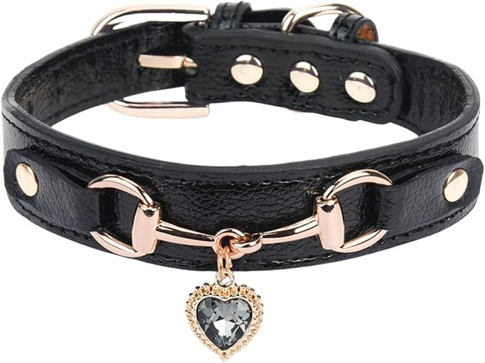 THAIN Fashion Dog Collar with Bling Diamonds & Heart Charm – 5 Holes Adjustable by THAIN