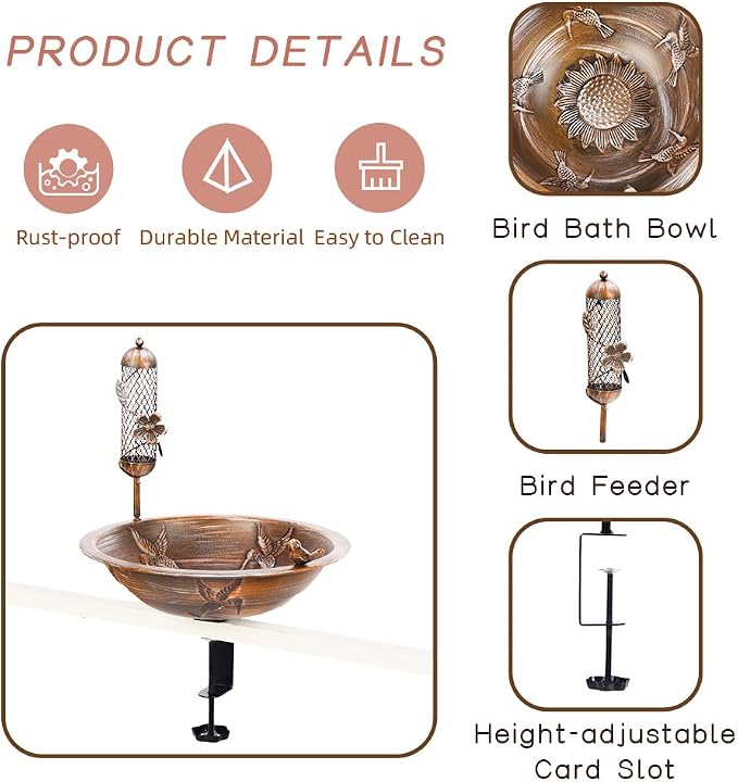 DREAMSOUL Deck Bird Bath with Feeder, Metal Birdbath Bowl - Image 2