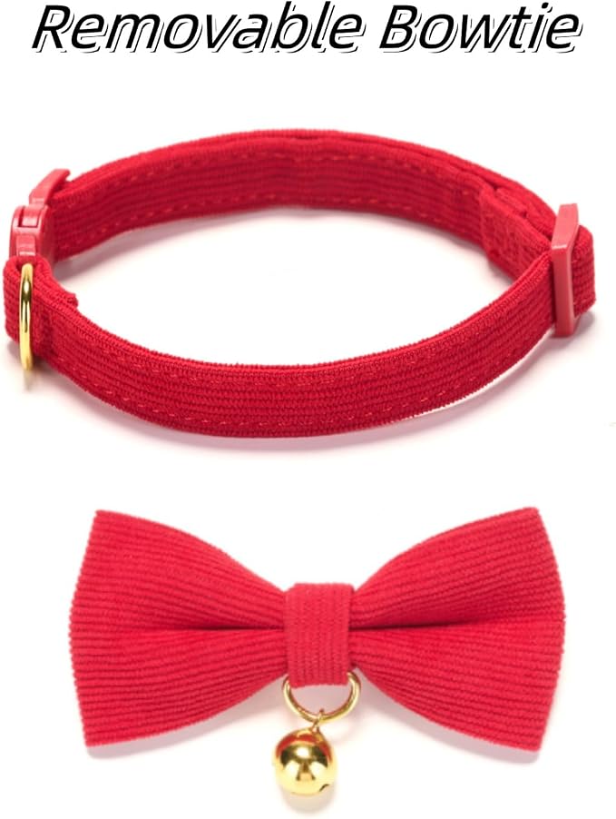Soft Corduroy Cat Collar with Bell and Bowtie, Safety Breakaway Clasp, - Image 7