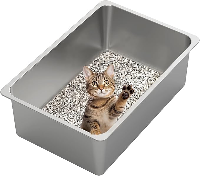 Kirecoo Stainless Steel Cat Litter Box XXL- Metal High Sided Cat Pan, Large by Kirecoo