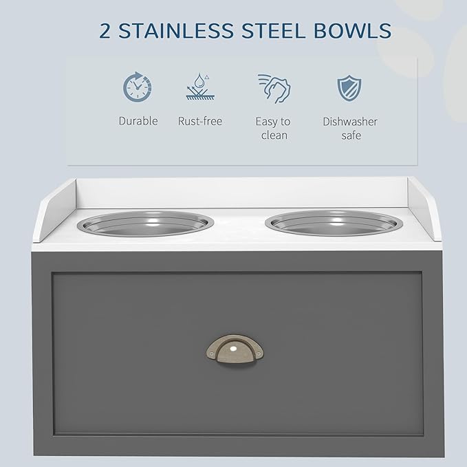 PawHut Feeding Station with Storage Drawer, Food Storage Cabinet with 2 - Image 5
