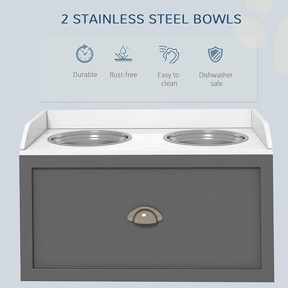 PawHut Feeding Station with Storage Drawer, Food Storage Cabinet with 2 - Image 5