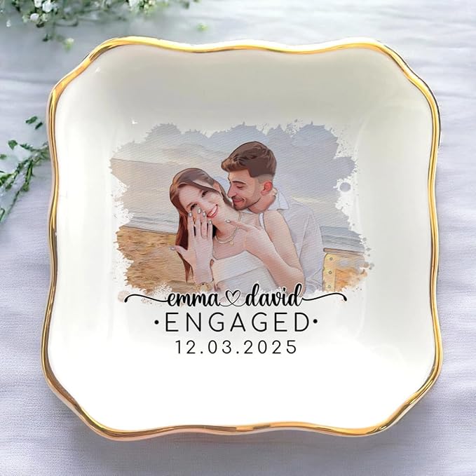 Personalized Couple Portrait Photo Ring Dish Engagement Gift, Ring Holder Dish - Image 3