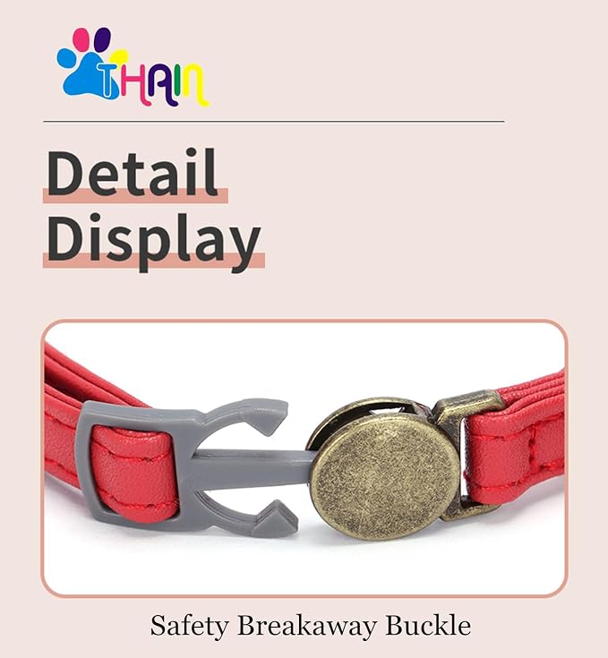 THAIN Leather Cat Collar with Bell Breakaway- Adjustable, Retro Bell fit Most - Image 4