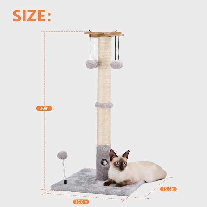 PAWSFANS Cat Scratching Post for Indoor Cats and Kittens, 30inches Tall Sisal - Image 4