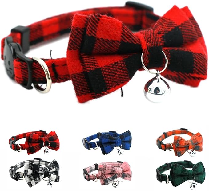 Red Plaid Cat Collar with Bell and Bow, Breakaway Kitten Collar with Bells by YOUALSO