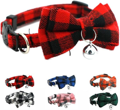 Red Plaid Cat Collar with Bell and Bow, Breakaway Kitten Collar with Bells by YOUALSO