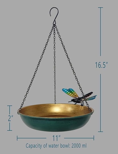 Hanging Birdbath Bird Feeder for Outdoor 11 Inch Green/Bronze Cute Metal Bird - Image 2